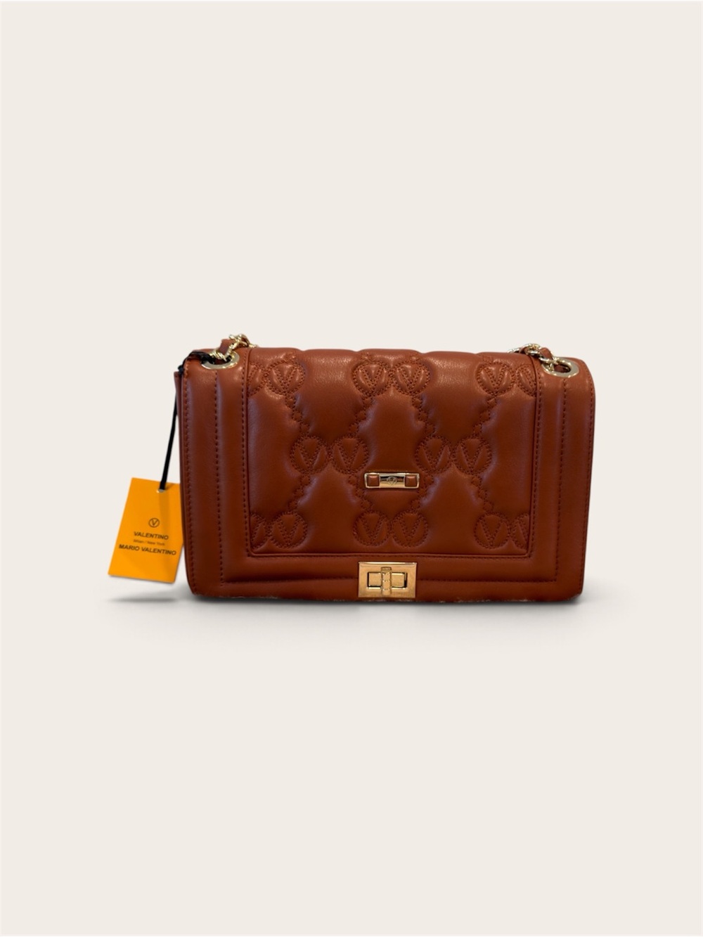 Valentino Brown Quilted Logo-Embossed Shoulder Bag with Gold Hardware